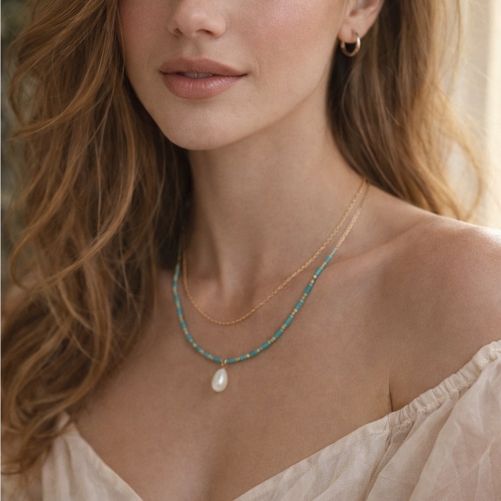 Gold and Turquoise Pearl Pendant Layered Necklace - Women Jewelry